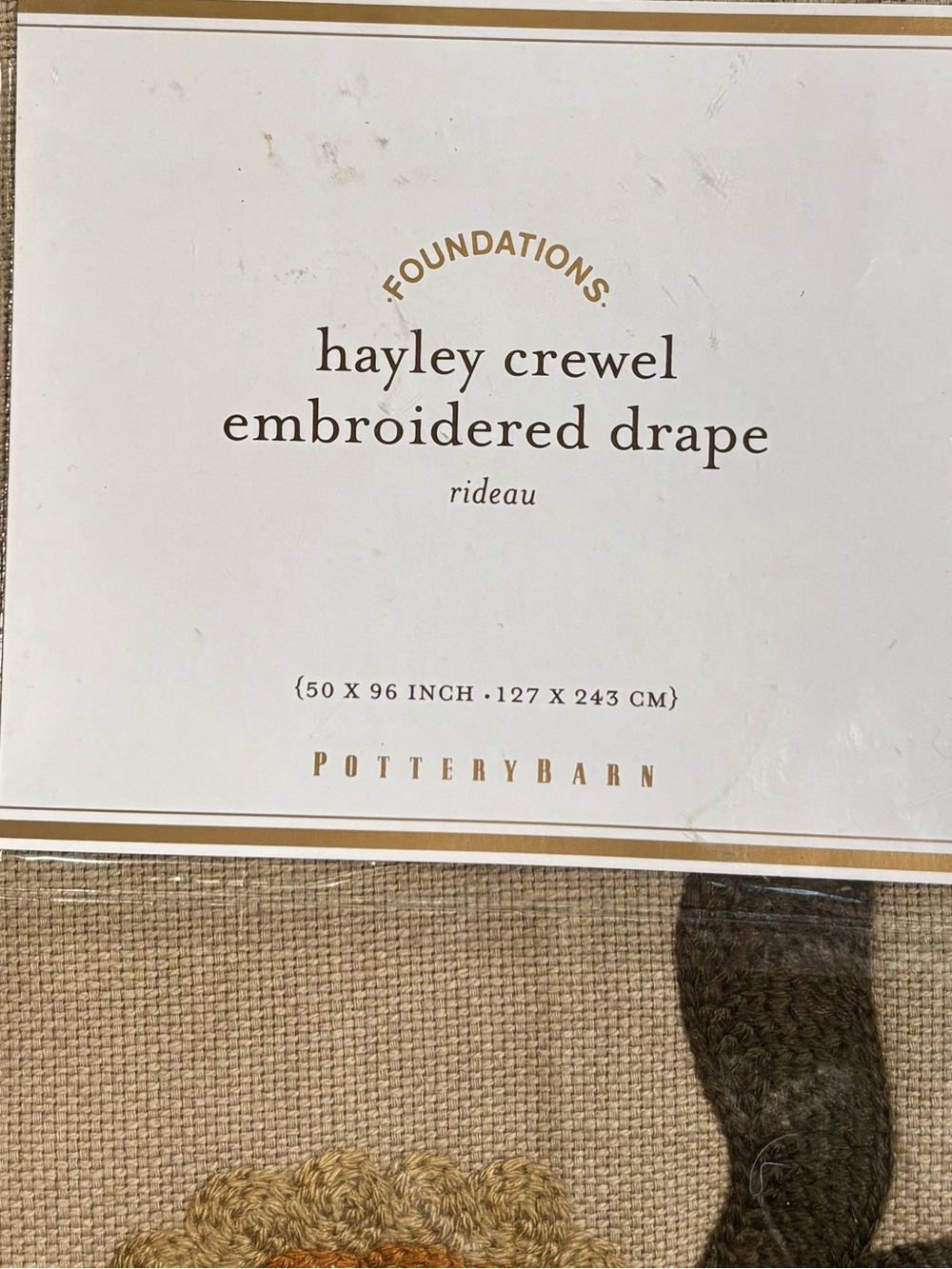 Pottery Barn Hayley Crewel Embroidered Drape - Cream/Tan New in Bag